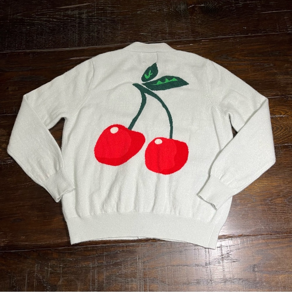 Jumper 1234 100% Cashmere Cardigan Light Blue Cherries Preppy Sz 3 M
